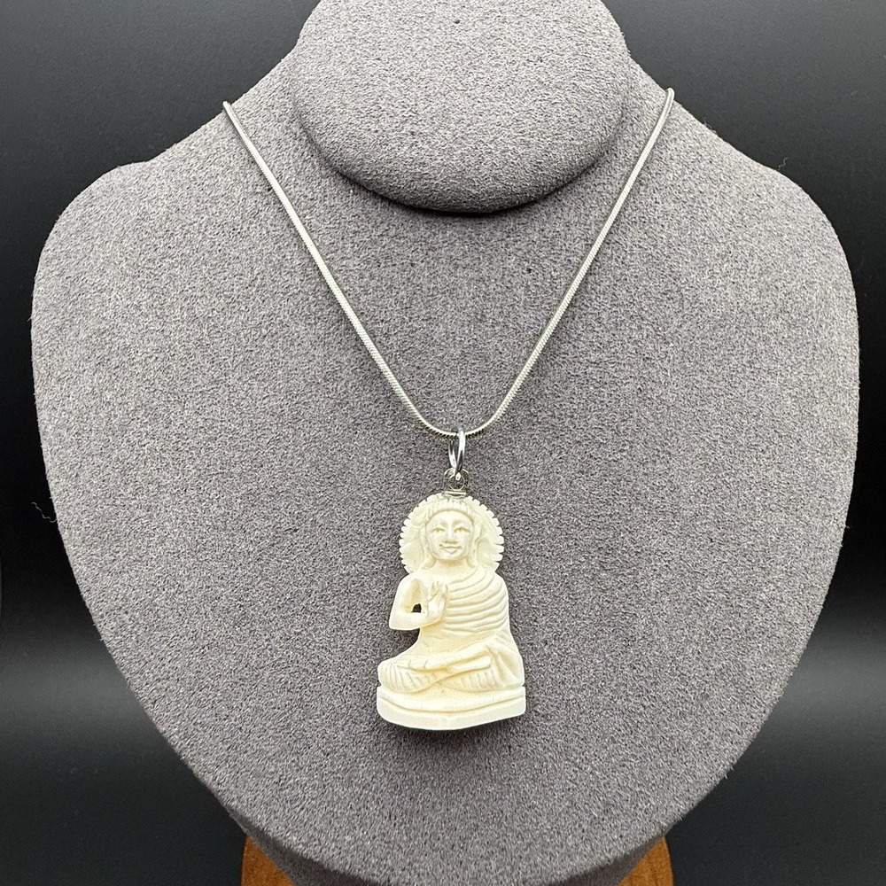Vintage Hand Carved Bovine Bone Zen Buddha Pendant Necklace Silver Tone Chain